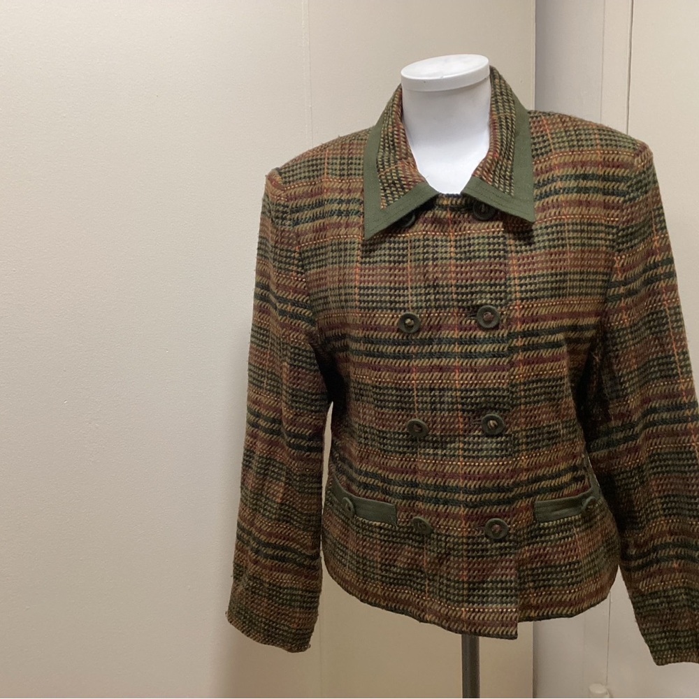 Brown and Green Plaid Blazer with Notched Lapel double breasted 90’s vintage